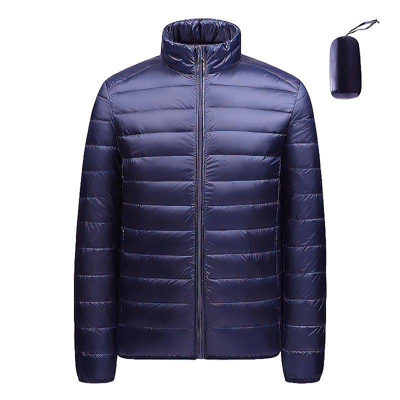 Men's insulated down jacket with stand collar, waterproof and windproof. Perfect for outdoor activities. Includes compact carrying bag.